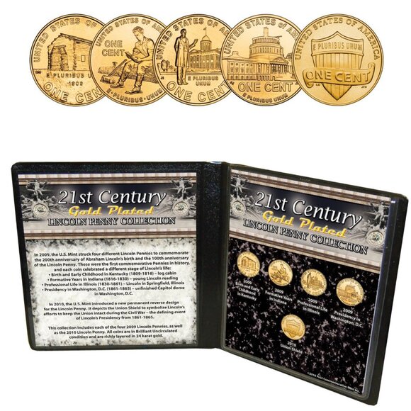 21st Century 24K Gold Plated Lincoln Penny Collection Set of 5 with Vinyl Case - Picture 1 of 2